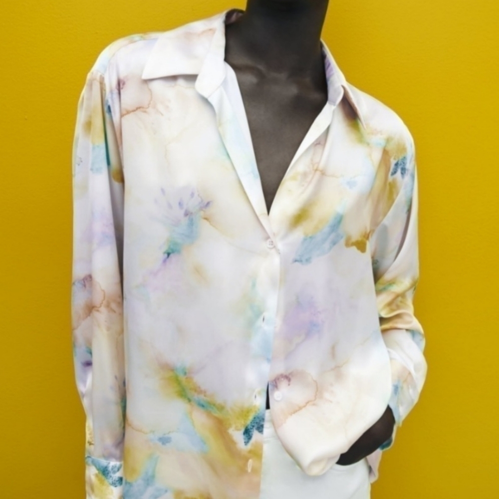 Zara; Watercolor Satiny Tie-Dye Button Up Flowy Oversized Boho Shirt Sz XL